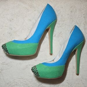 Penny Loves Kenny Turquoise and Green Silver Studded Stiletto Pumps